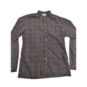 Vtg 90s Black Dot Print Long Sleeve Button Up Shirt Mandarin Collar Women's Sz M